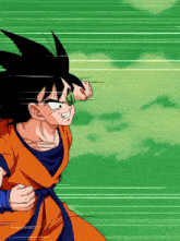 a cartoon drawing of a young goku with a green eye