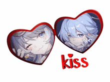 a couple of hearts with the word kiss on them