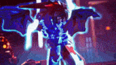 a cartoon character with wings and a sword is glowing in the dark