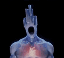 a computer generated image of a person with a hole in their chest and a tower in their head .