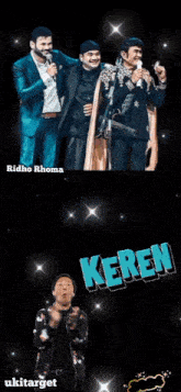 a group of men singing and standing next to each other with the word keren on the bottom