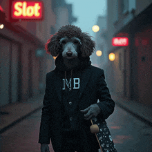 a poodle wearing a hoodie that says mb holds a skateboard
