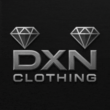 a silver logo for dxn clothing with two diamonds on a black background
