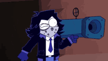 a cartoon character in a suit and tie is holding a large gun .