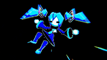 a cartoon character with blue wings is flying through the air .