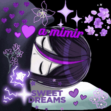 a drawing of a girl with purple hair and the words sweet dreams on the bottom