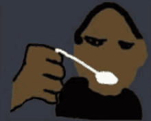 a cartoon drawing of a man holding a white spoon in his mouth