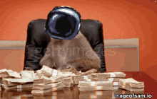 a cat with a helmet on its head sits at a table surrounded by money