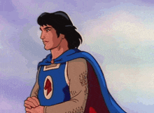 a cartoon character wearing a blue cape and a shield