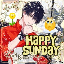 a happy sunday greeting card with a boy and a flower