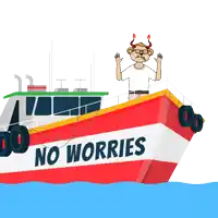a boat that says no worries on it