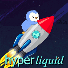 a cartoon penguin is riding a rocket with the words hyper liquid below it