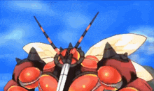 a cartoon drawing of a bug with a blue sky behind it