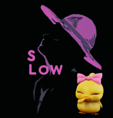 a yellow chick with a pink bow is standing next to a woman wearing a blue hat and the word slow