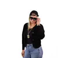 a woman wearing sunglasses and a necklace with a dollar sign on it