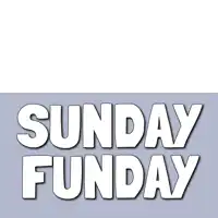 a blue and white penguin is peeking over a sign that says sunday funday