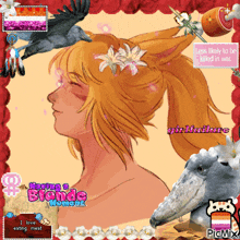 a picture of a woman with flowers in her hair is surrounded by other images including a bird