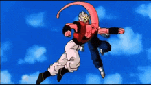 a cartoon character is flying through the air with a pink tail .