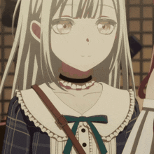 a girl with long white hair is wearing a choker and a plaid dress