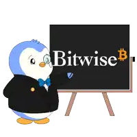 a penguin is pointing at a graph with a coin on it