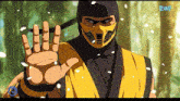 a cartoon of scorpion from mortal kombat making a stop gesture
