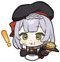 a girl in a beret is holding a hamburger in her hands .