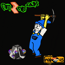 a cartoon drawing of a man holding a pickaxe with the words mine labs behind him