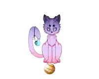 a pixel art drawing of a purple and pink cat with a planet in the background