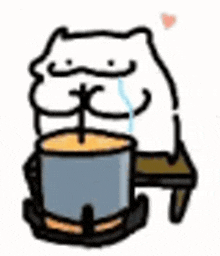 a cartoon cat is crying while sitting next to a pot of food .