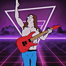 a cartoon of a man holding a red guitar