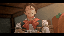 a man with a red bow tie is talking in a video game in a foreign language