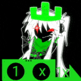 a black and white drawing of a person with a green crown