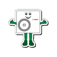 a bosch mascot with green arms and legs is giving a thumbs up .