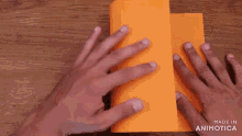 a person is holding an orange piece of paper with the words made in animatica on the bottom right