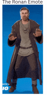 a man with a beard is standing in front of a blue background with the ronan emote written on it