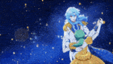 a man and a woman are dancing in front of a blue sky filled with stars