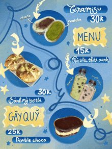a menu for tiramisu matcha and double choco is shown