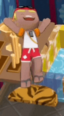 a cartoon character wearing red shorts and sunglasses