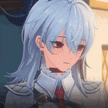 a girl with blue hair and red eyes is wearing a white shirt and red tie