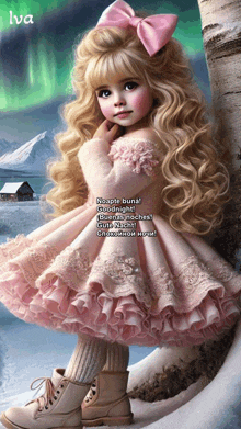 a little girl in a pink dress with a pink bow on her hair