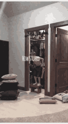 a picture of a child in a closet with the words how stupid written on it