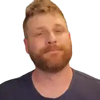 a man with a beard and a blue shirt looks at the camera