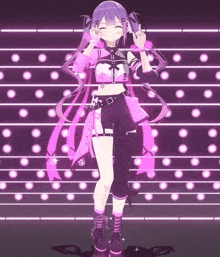 a girl with purple hair is standing in front of a wall of lights and giving the peace sign