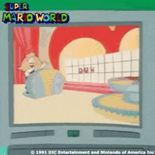 a super mario world cartoon is displayed on a tv screen
