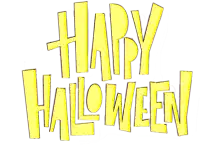 the word halloween is written in yellow on a white background