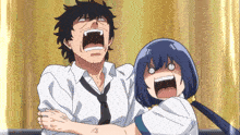 a man and a girl are screaming with their mouths wide open