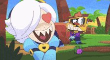 a cartoon character with a heart in her eye is standing next to a cartoon character with a gun