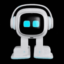 a cartoon robot wearing headphones with the letter r on it