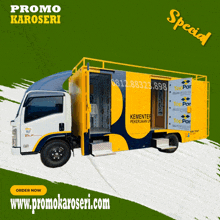 a yellow and blue truck with the words promo karoseri on the side