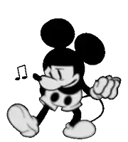 a black and white mickey mouse dancing with a music note in the background